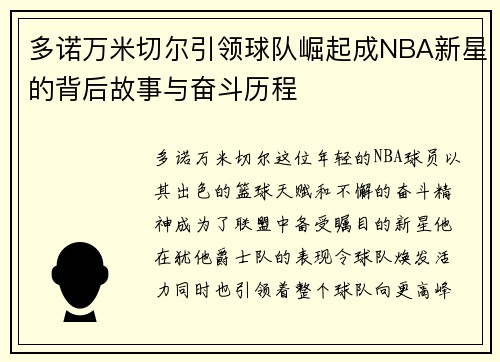 多诺万米切尔引领球队崛起成NBA新星的背后故事与奋斗历程